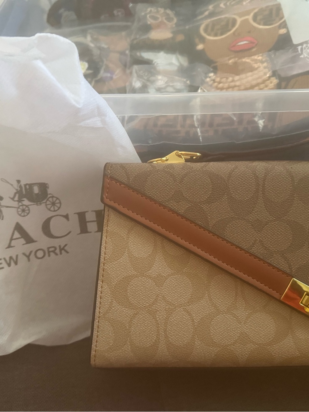 Tan Signature Canvas Shoulder Bag with Brown Leather Trim